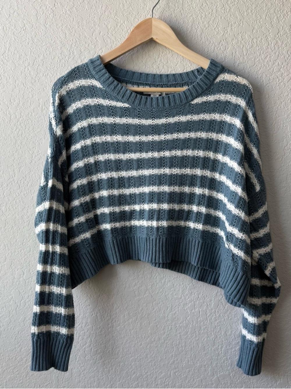 American Eagle Outfitters Blue and White Striped‎ Crewneck Cropped Sweater